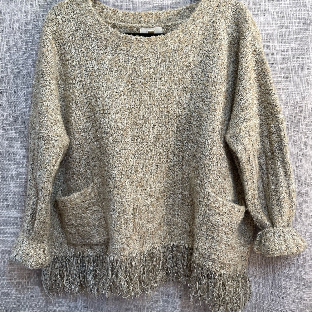 Fringed fall sweater, muted gold fall sweater